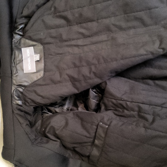 Unisex Michael Kors black soft faux leather 2fer bomber hoodie jacket L - Picture 5 of 5